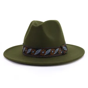 Close-up view of the olive green wool felt fedora hat featuring an ethnic woven ribbon band.