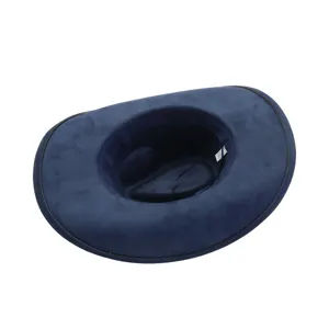 Dark blue soft suede fedora hat interior detail view showing premium texture and neat brim piping.