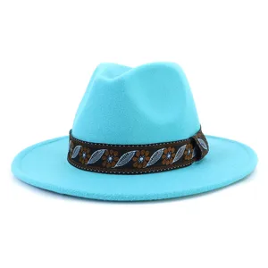 Detailed close-up of the exquisite floral embroidered band on the stylish blue woolen fedora hat.