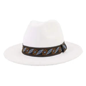 Elegant white felt fedora hat with ethnic style woven band, stylish wide brim jazz hat for adults.