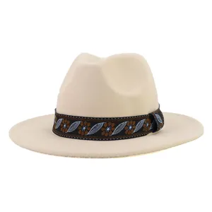 Ethnic style wool fedora hat with embroidered band, wide brim jazz hat for men and women.