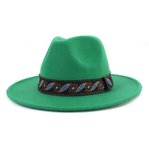 Green felt fedora hat for men and women with ethnic woven ribbon band jazz cap stylish