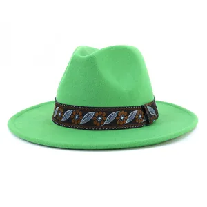 Green fedora hat for men and women, stylish wool felt jazz cap with ethnic pattern band detail.