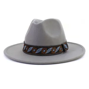 Detailed view of the gray wool felt fedora hat featuring an ethnic embroidered band.