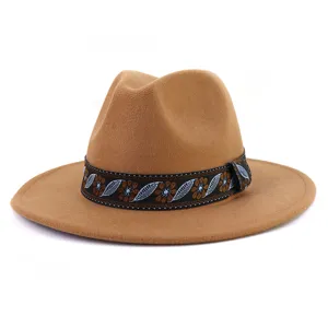 Classic brown felt fedora hat with ethnic embroidered band stylish wide brim jazz hat for men women