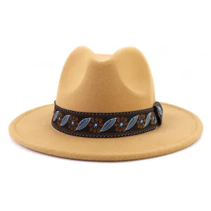 Details of the khaki wool felt fedora hat with bohemian floral ribbon band for stylish looks.