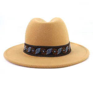Detailed view of the stylish wool felt fedora hat featuring an ethnic woven pattern band.