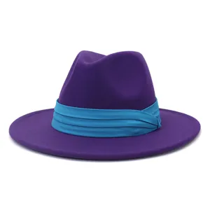 Elegante cappello fedora jazz in feltro di lana autunno inverno tesa larga uomo donna viola.
