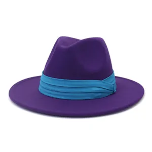 Cappello jazz in lana autunno inverno viola tesa piatta con nastro blu uomo e donna