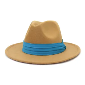 Cappello fedora in lana con nastro blu, elegante cappello jazz a tesa larga per autunno e inverno.