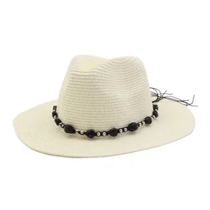 Zomer Buiten Zonbescherming Strohoed Vrouwen Mannen Strand Brede Rand Panama Hoed Casual Geweven Zonnehoed Kralen Decor