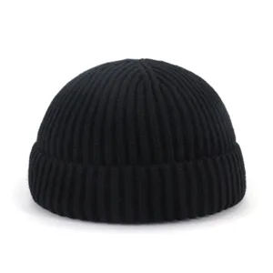 Bonnet docker tricoté noir chapeau chaud d'hiver rétro style marin sans bord pour homme.
