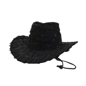 Distressed Plaid Western Cowboy Hat Vintage Frayed Denim Sun Hat With Drawstring For Men And Women Outdoor