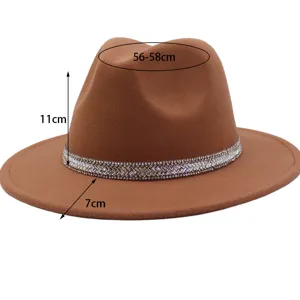 Brown wool fedora hat for women and men, retro jazz hat with crystal band, 56-58cm head size.