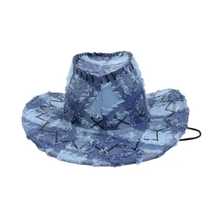 Distressed denim cowboy hat for men and women, frayed edge outdoor sun hat with chin cord.