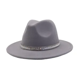 Grey wool felt fedora hat featuring a sparkling rhinestone decorative band for classic style.