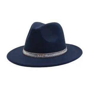 Classic British vintage blue jazz felt hat with sparkling rhinestone band detail.