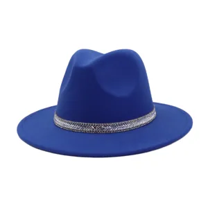 Blue fedora wool felt hat for men and women vintage jazz hat with sparkling rhinestone band