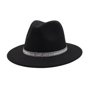 Classic black wool fedora hat with sparkling rhinestone band, vintage jazz cap for adults.