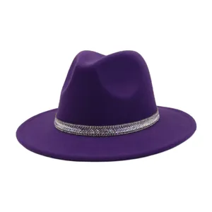 Purple felt fedora hat detail featuring a sparkling rhinestone decorative band for women men.