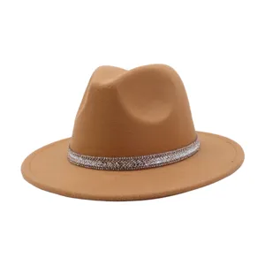 Classic camel felt fedora hat for men and women featuring a sparkling rhinestone band detail.
