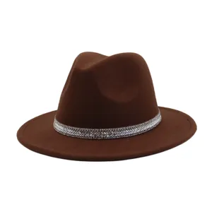 Close-up detail view of the brown felt fedora hat featuring a sparkling rhinestone band design.
