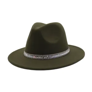Classic green wool felt fedora hat for men and women with sparkling rhinestone band.