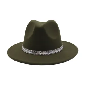 Army green wool felt fedora hat with sparkling rhinestone band, vintage jazz hat for men women.