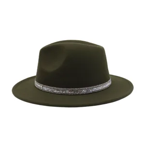 Dark green wool felt fedora hat with sparkling rhinestone band, stylish jazz cap detail.