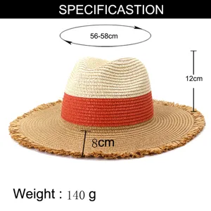 Spring summer women men sun protection wide brim fringed jazz straw hat with red block
