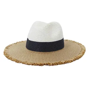 Women Men Fedora Straw Hat Summer Outdoor Travel Sun Protection Wide Brim Frayed Edge Color Block Beach Panama Hat