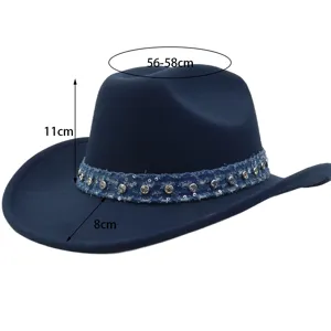Wool felt cowboy hat with denim rhinestone band retro jazz hat winter warm western cap 56-58cm
