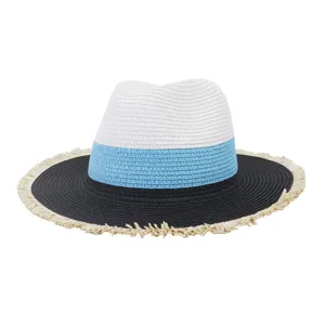 Detailed view of the color-blocked straw sun hat with fringe brim and braided weave texture.