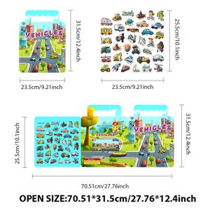 Reusable jelly sticker book for kids, vehicle theme quiet book with detailed dimensions.