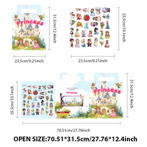 Kids DIY cartoon princess sticker book with reusable gel stickers and size guide.