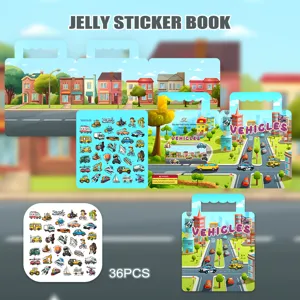 Reusable jelly sticker book with vehicle themes for early childhood education and quiet play.