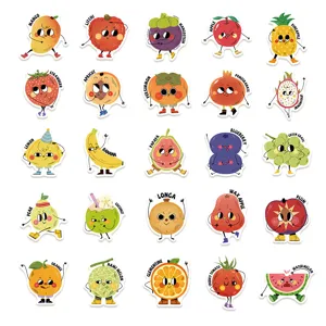 Cute cartoon fruit stickers detail, waterproof vinyl decals for laptop water bottle journaling.