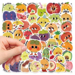 Close-up of cute cartoon fruit stickers, waterproof vinyl decals for laptop decoration.