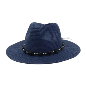 Klassieke blauwe strohoed fedora met kraalband zomer outdoor zon strandhoed voor dames heren