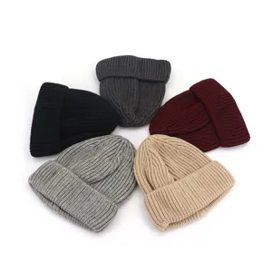 Bonnet en tricot d'hiver unisexe, bonnet en laine chaud, bonnet tricoté couleur unie pour homme