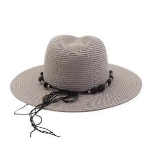 Zomer strohoed voor man en vrouw, grijze strandhoed zonnehoed met zwarte kralen.