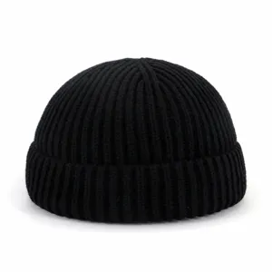 Bonnet en Acrylique Maille Côtes Unisexe Hiver Chaud Sans Revers Watch Cap Décontracté Couleur Unie Pour Hommes Femmes