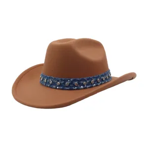 Detailed view of the brown wool felt western cowboy hat featuring unique studded denim band.