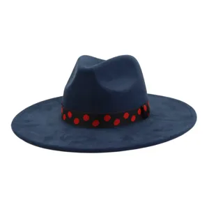 Chapeau fedora bleu marine à large bord avec ruban à pois rouges chapeau de jazz élégant