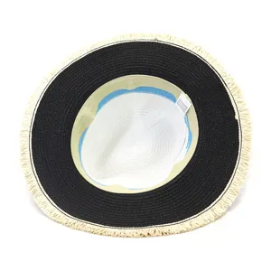 Women Men Straw Hat Summer Sun Protection Wide Brim Frayed Edge Color Blocking Fedora Hat