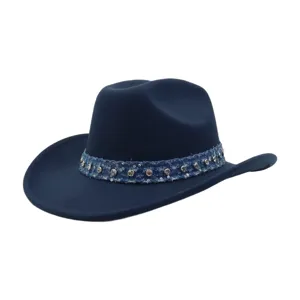 Navy blue wool felt western cowboy hat with rhinestone denim band for women men fashion