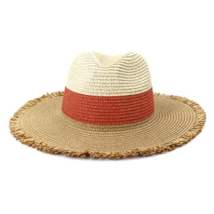 Colorblock straw hat with frayed wide brim for summer outdoor travel sun protection style.