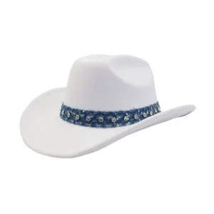 Unisex Western Cowboy Hat Vintage Felt Jazz Hat With Denim Band Rhinestone Fringe Fashion Fedora Hat For Outdoor Party
