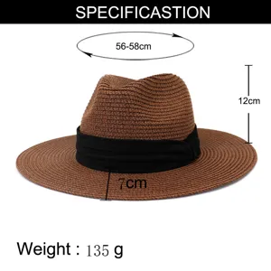 Detailed view of brown straw fedora hat, 56-58cm head circumference, 7cm wide brim, lightweight.