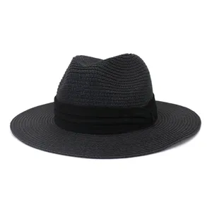 Classic black straw fedora hat with ribbon band, perfect for summer sun protection.